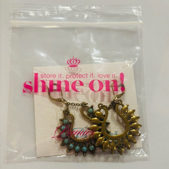 Premier‎ Designs Turquoise Teardrop Sunburst Earrings Antique Gold Tone New Gift - Picture 3 of 3